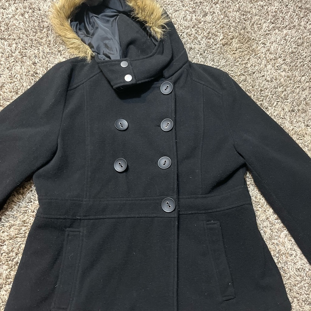 Women's Black Double-Breasted Coat with Faux Fur Hood